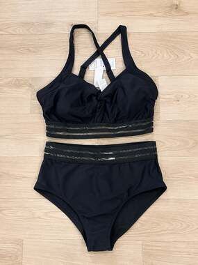Cupshe Black Mesh Striped Twisted Cutout High-Waist Bikini Set Sz L